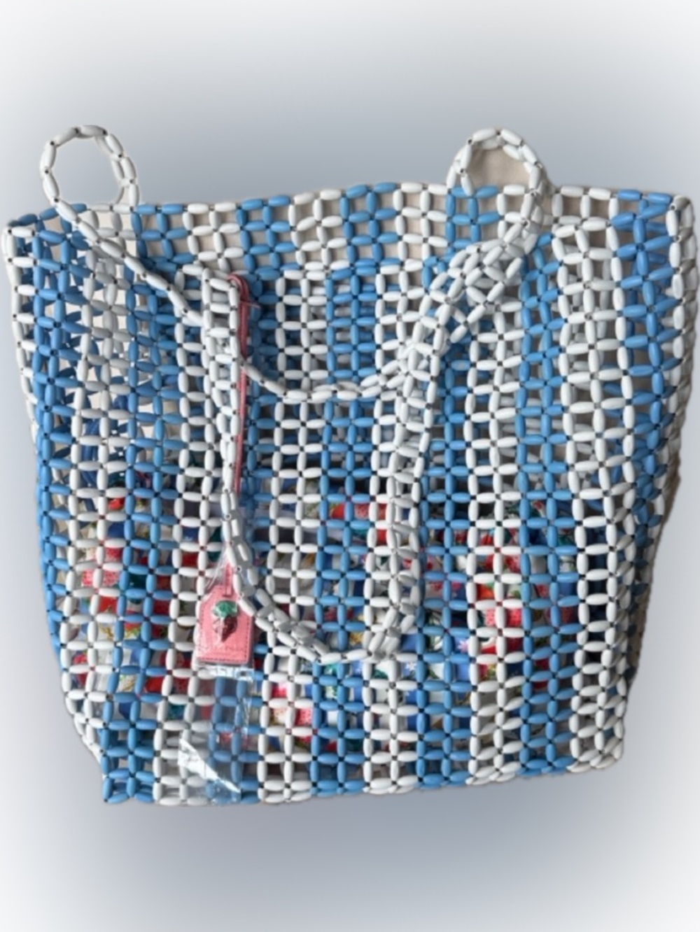 KURT GEIGER Kensington Woven Beaded Tote Blue and White with Floral Pouch NWT